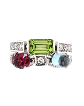 Allegra Double Band Ring 18K White Gold with Multicolor Gemstones and Diamonds